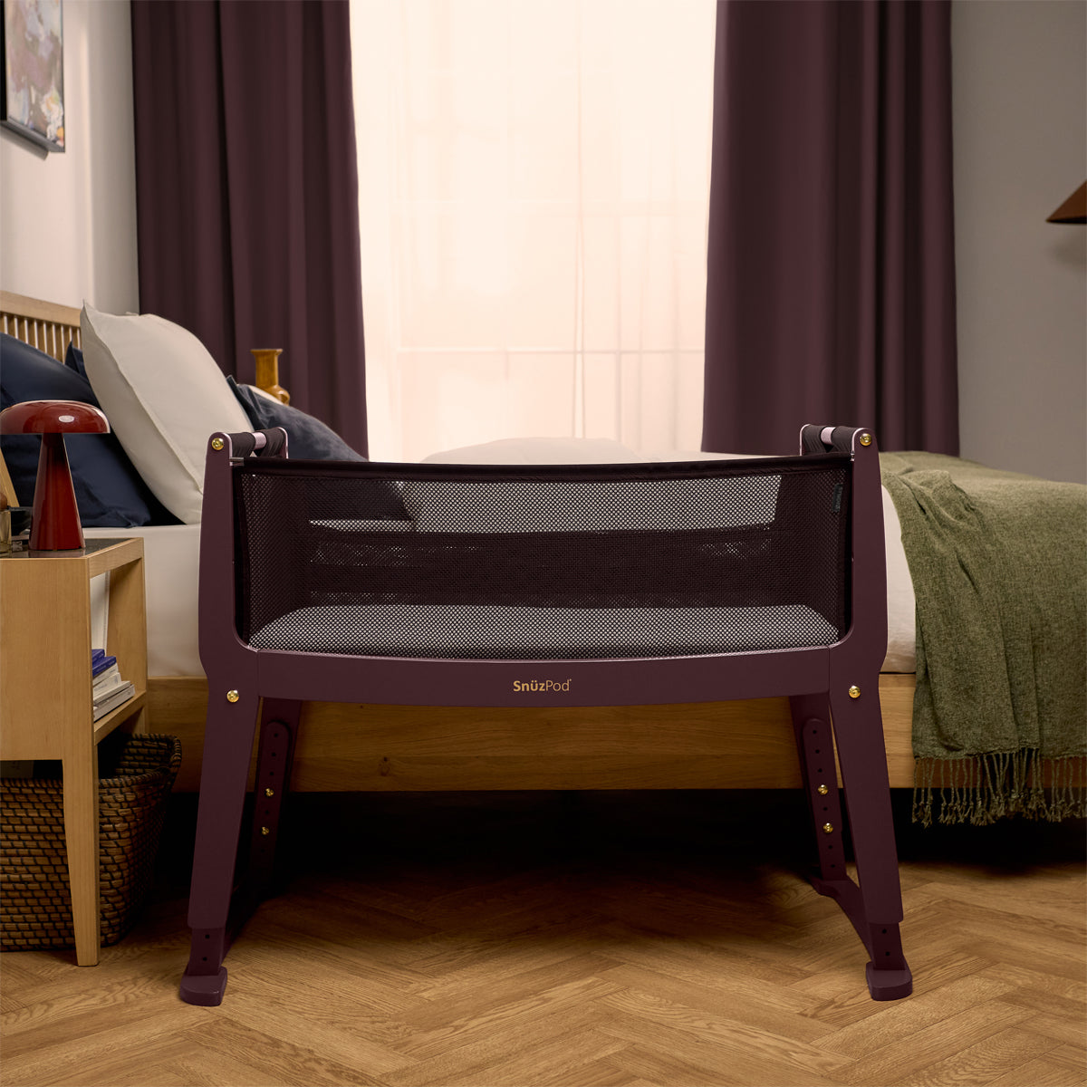 SnuzPod Studio Bedside Crib with mattress - Rome Burgundy