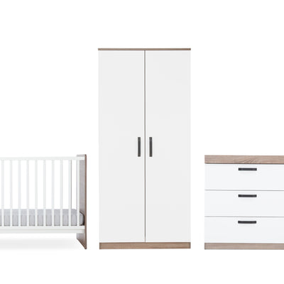 CuddleCo Enzo 3 Pc Set 3 Drawer Dresser, Cot Bed and Wardrobe - Truffle/White