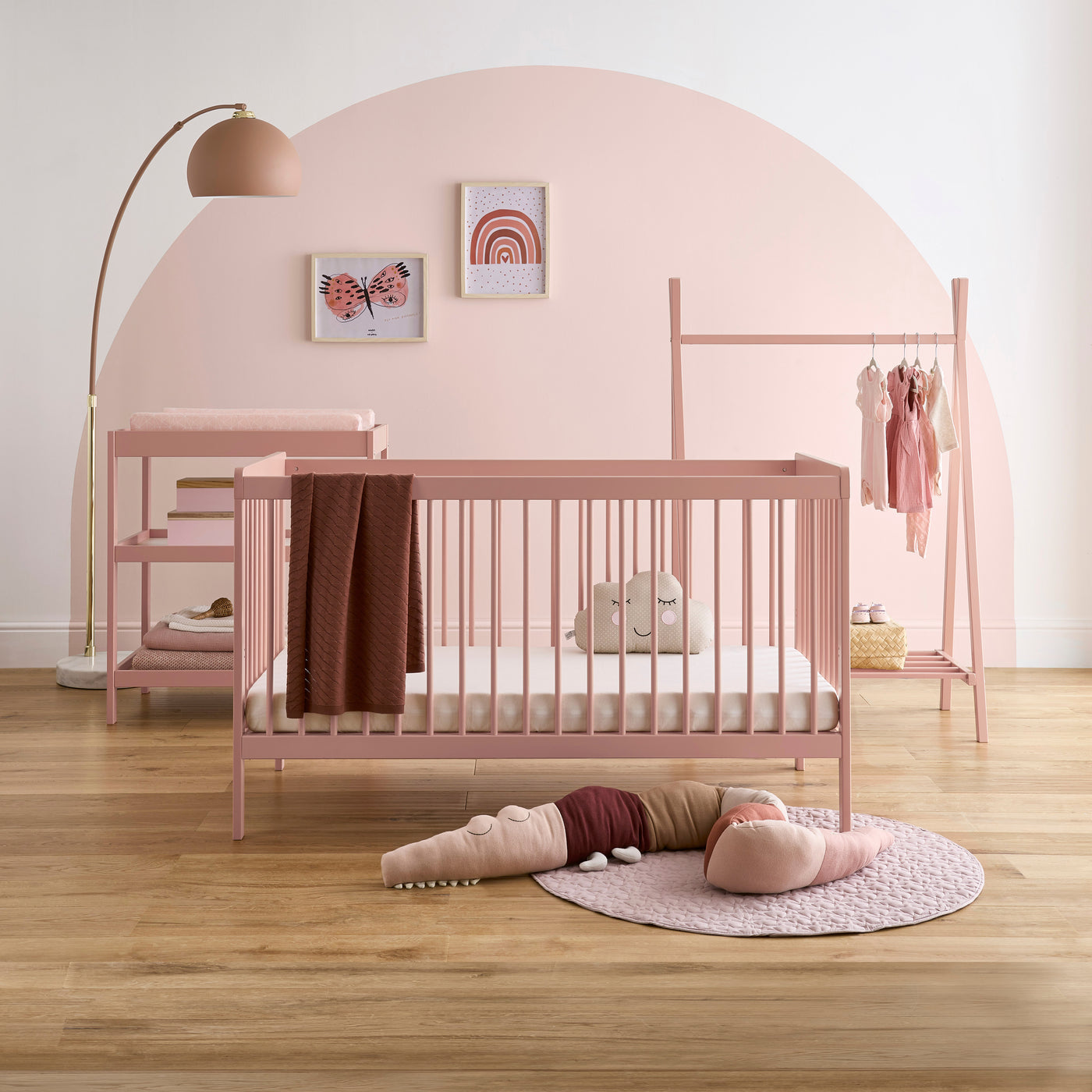 CuddleCo Nola 3pc Changer, Cot Bed and Clothes Rail - Soft Blush