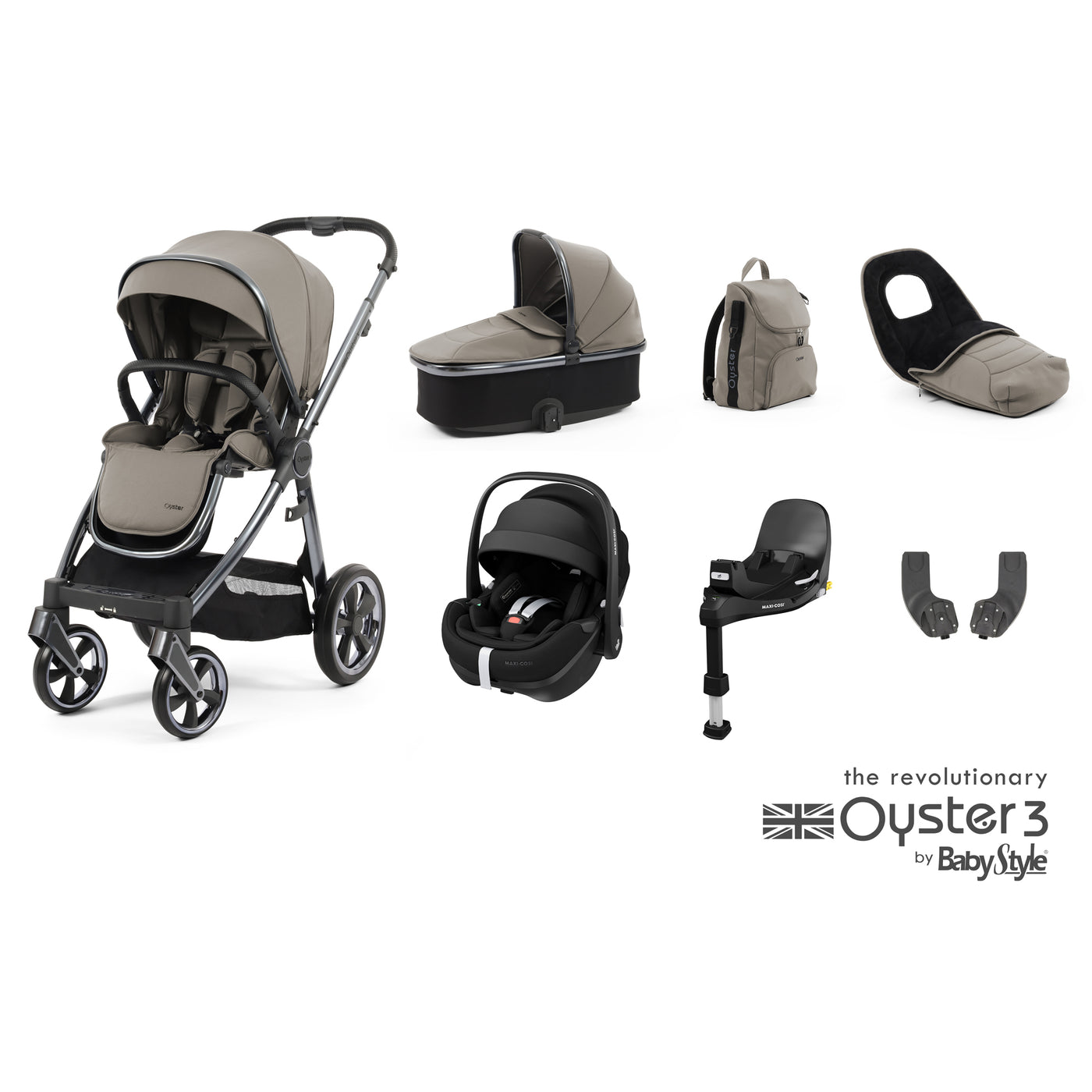 Babystyle Oyster 3 Luxury Bundle with Maxi-Cosi Pebble 360 Pro & Base - Stone