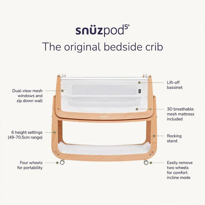SnuzPod5 Bedside Crib - Natural