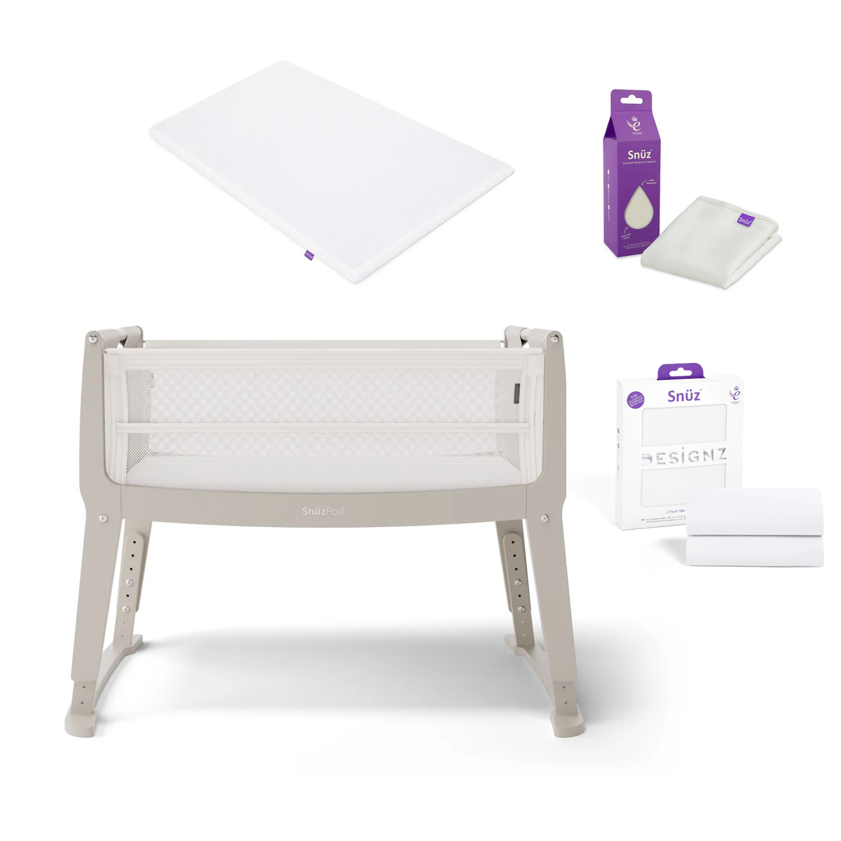 SnuzPod Studio Bedside Crib Bundle - Paris White