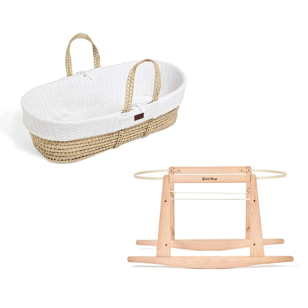 Little Green Sheep Knitted Moses Basket and Rocking Stand Bundle - White