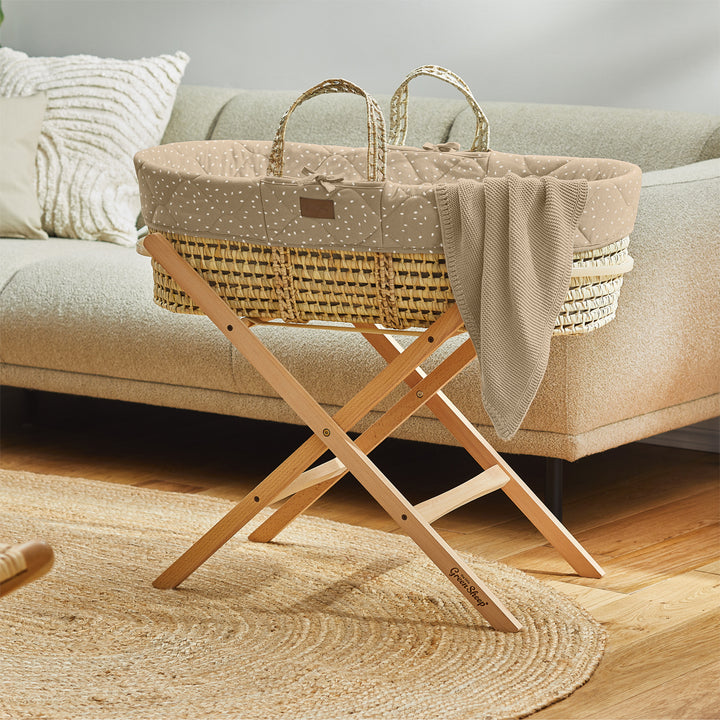 Little Green Sheep Quilted Moses Basket and Static Stand Bundle - Truffle Rice Print