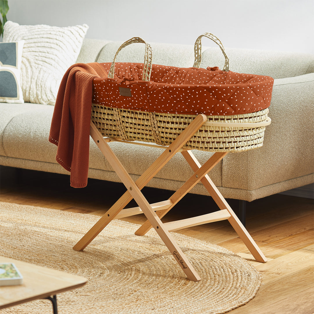 Little Green Sheep Quilted Moses Basket and Static Stand Bundle - Terracotta Rice Print