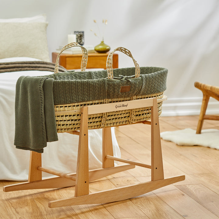 Little Green Sheep Knitted Moses Basket and Rocking Stand Bundle - Juniper
