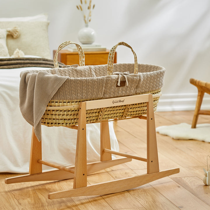 Little Green Sheep Knitted Moses Basket and Rocking Stand Bundle - Truffle