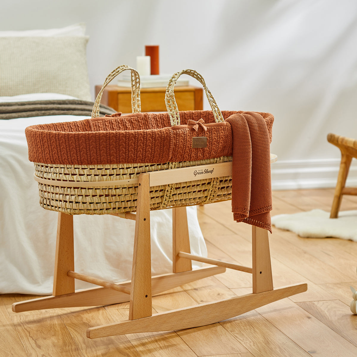 Little Green Sheep Knitted Moses Basket and Rocking Stand Bundle - Terracotta