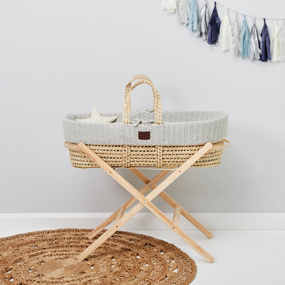 Little Green Sheep Knitted Moses Basket and Static Stand Bundle - Dove