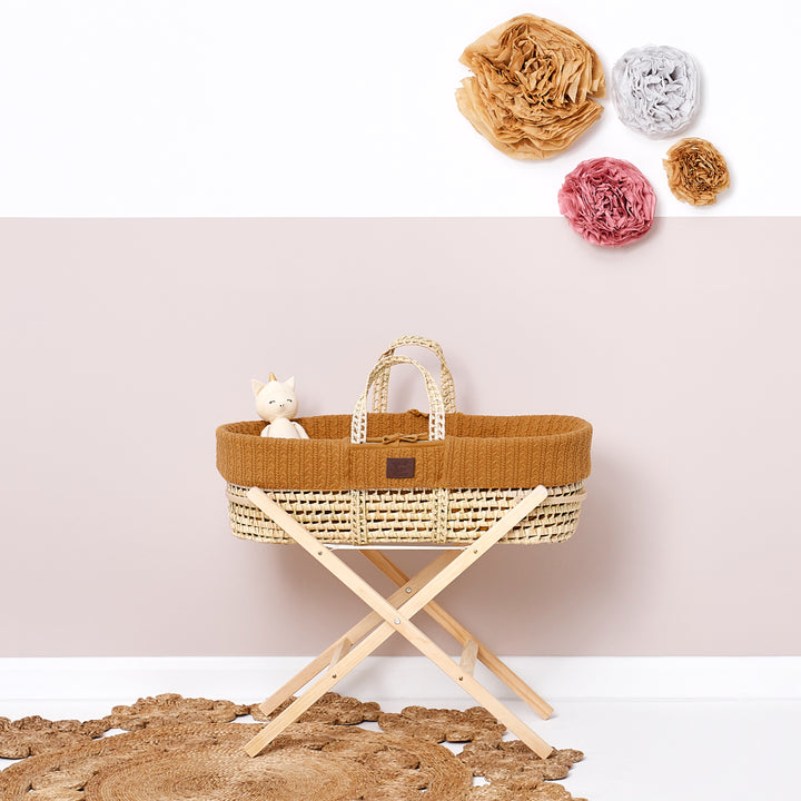 Little Green Sheep Knitted Moses Basket and Static Stand Bundle - Honey