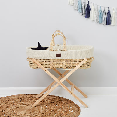Little Green Sheep Knitted Moses Basket and Static Stand Bundle - Linen