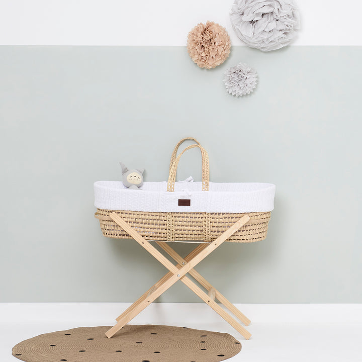 Little Green Sheep Knitted Moses Basket and Static Stand Bundle - White