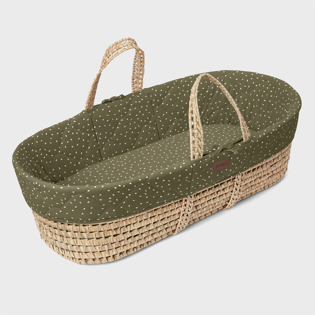 Little Green Sheep Quilted Moses Basket and Static Stand Bundle - Juniper Rice Print