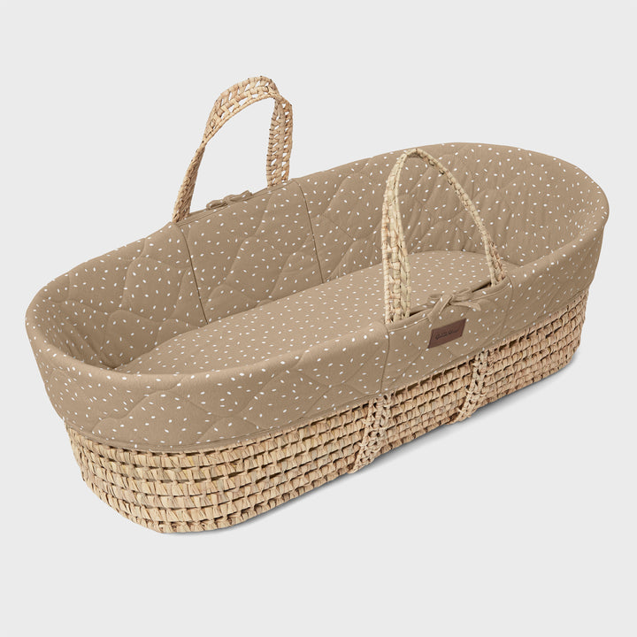 Little Green Sheep Quilted Moses Basket and Static Stand Bundle - Truffle Rice Print