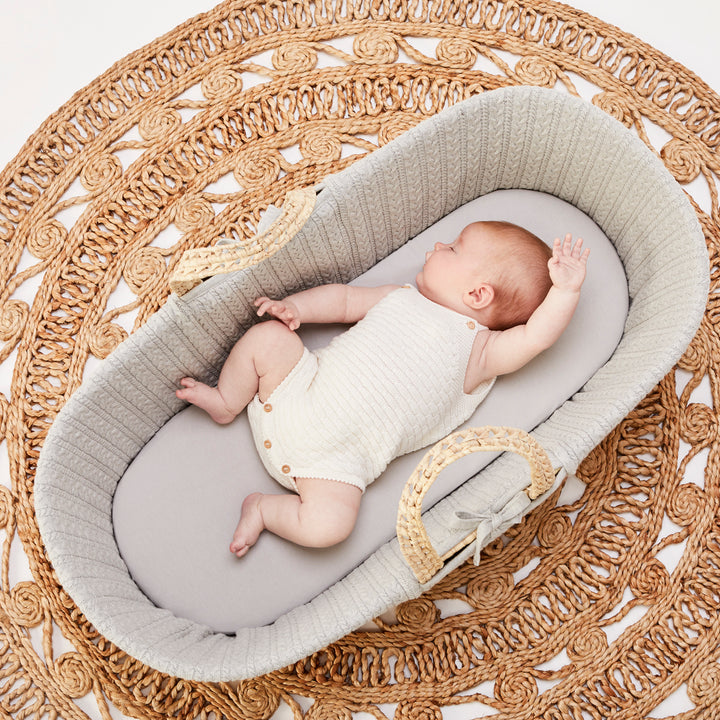 Little Green Sheep Knitted Moses Basket and Static Stand Bundle - Dove
