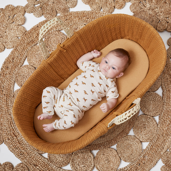 Little Green Sheep Knitted Moses Basket and Static Stand Bundle - Honey