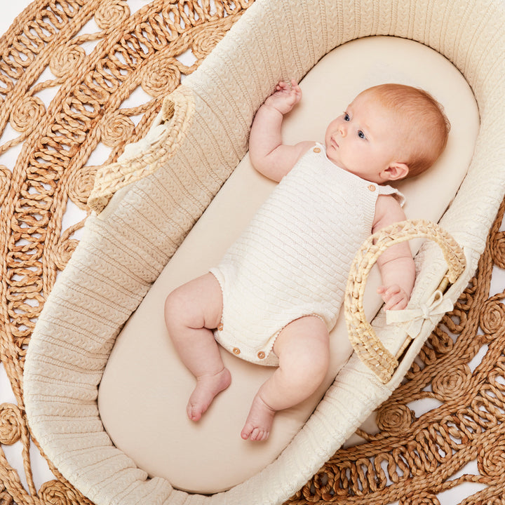 Little Green Sheep Knitted Moses Basket and Static Stand Bundle - Linen