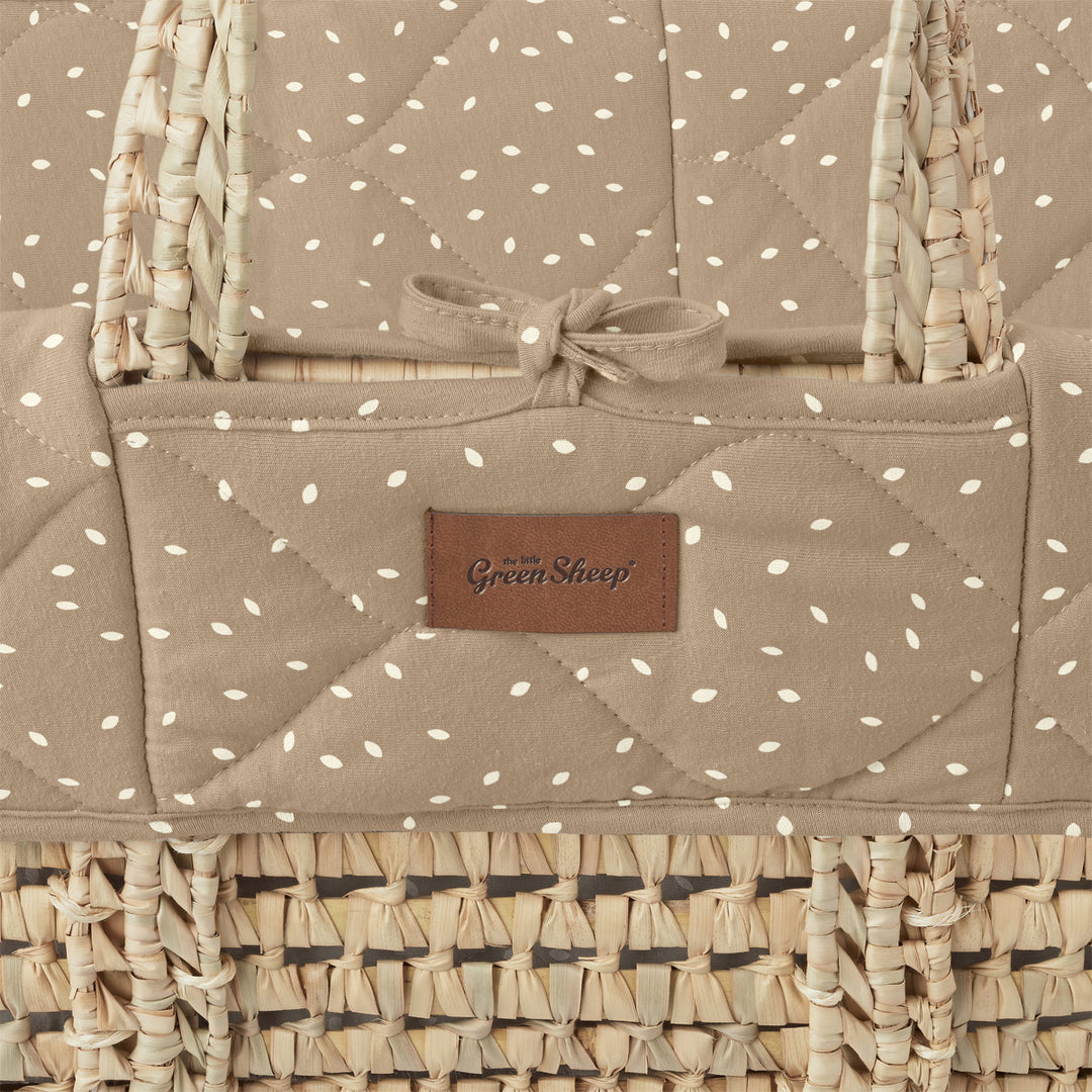 Little Green Sheep Quilted Moses Basket and Static Stand Bundle - Truffle Rice Print