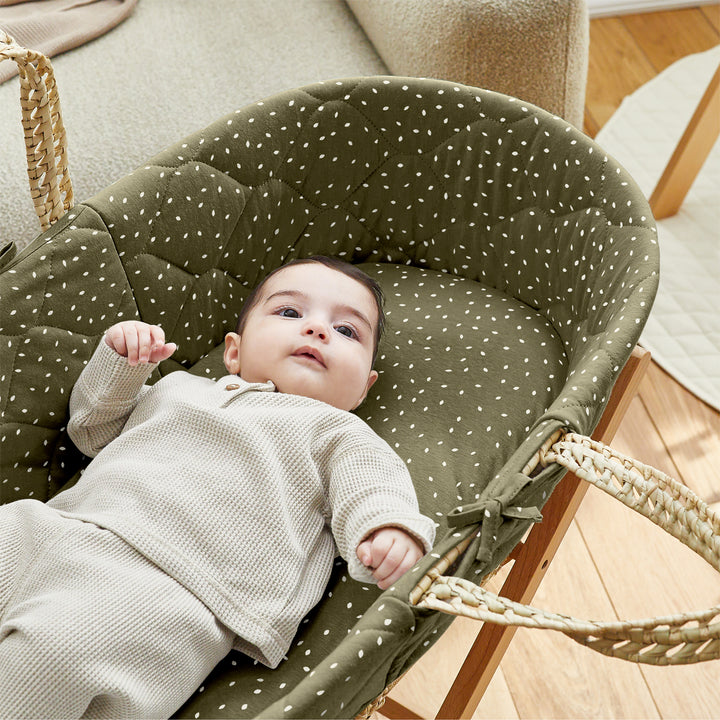 Little Green Sheep Quilted Moses Basket and Static Stand Bundle - Juniper Rice Print