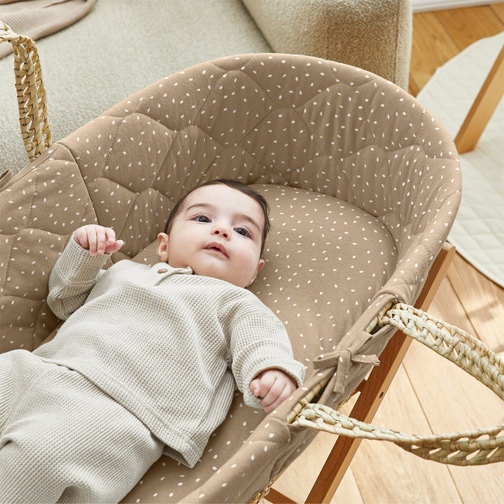 Little Green Sheep Quilted Moses Basket and Static Stand Bundle - Truffle Rice Print