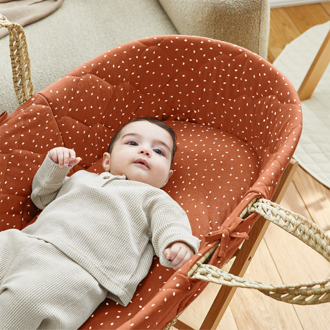 Little Green Sheep Quilted Moses Basket and Static Stand Bundle - Terracotta Rice Print