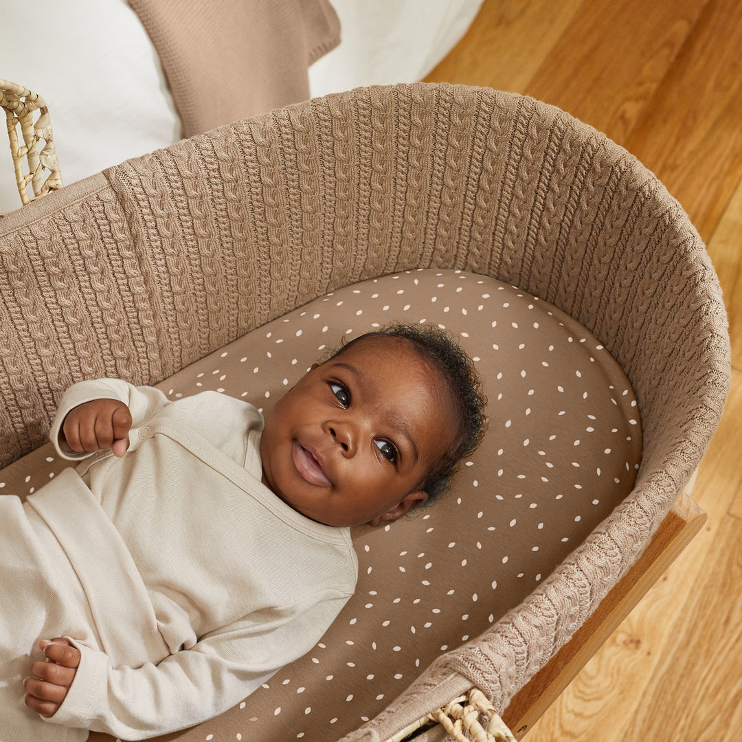 Little Green Sheep Knitted Moses Basket and Rocking Stand Bundle - Truffle