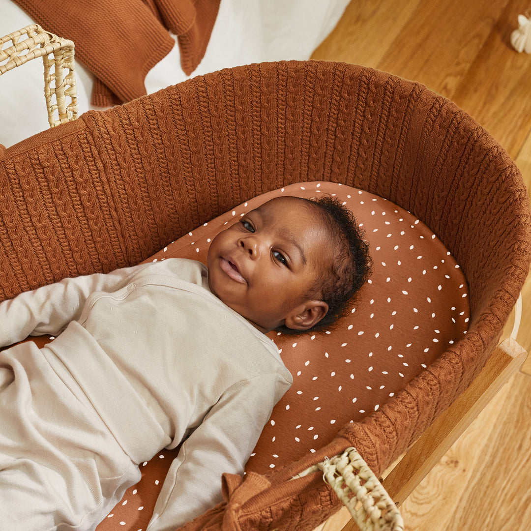 Little Green Sheep Knitted Moses Basket and Rocking Stand Bundle - Terracotta