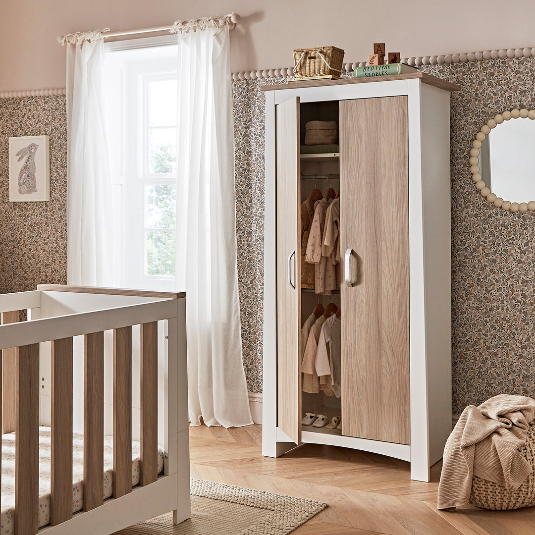 CuddleCo Ada 3pc Set 3 Drawer Dresser, Cot Bed & Wardrobe - White/Ash
