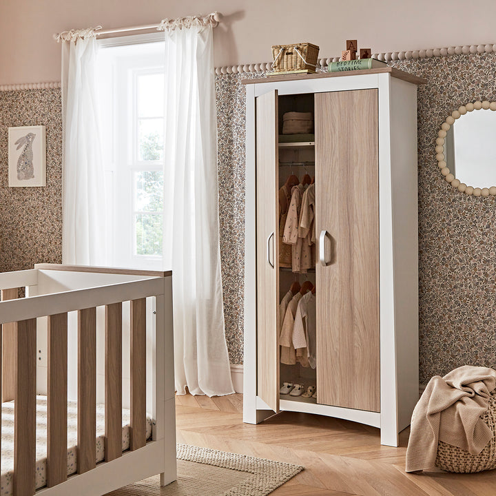 CuddleCo Ada 3pc Set 3 Drawer Dresser, Cot Bed & Wardrobe - White/Ash