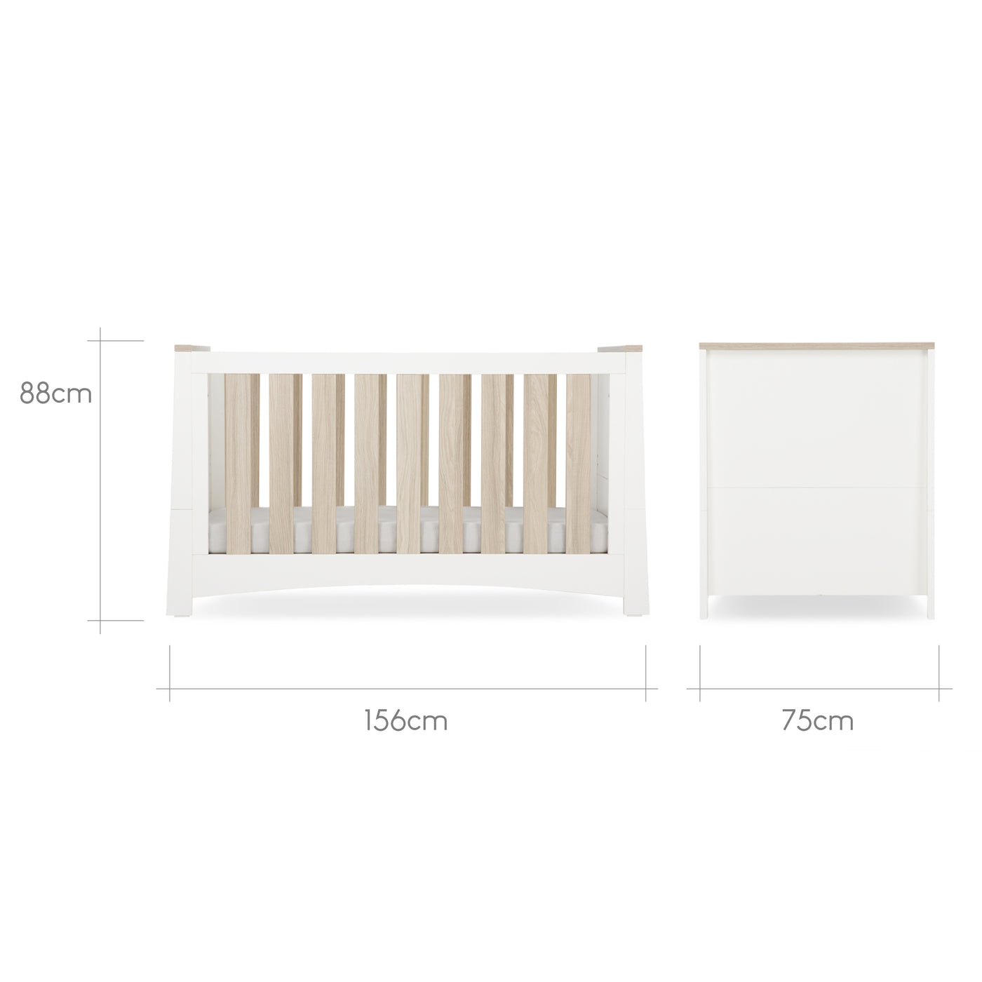 CuddleCo 3pc Set 3 Drawer Dresser, Cot Bed & Wardrobe - White/Ash