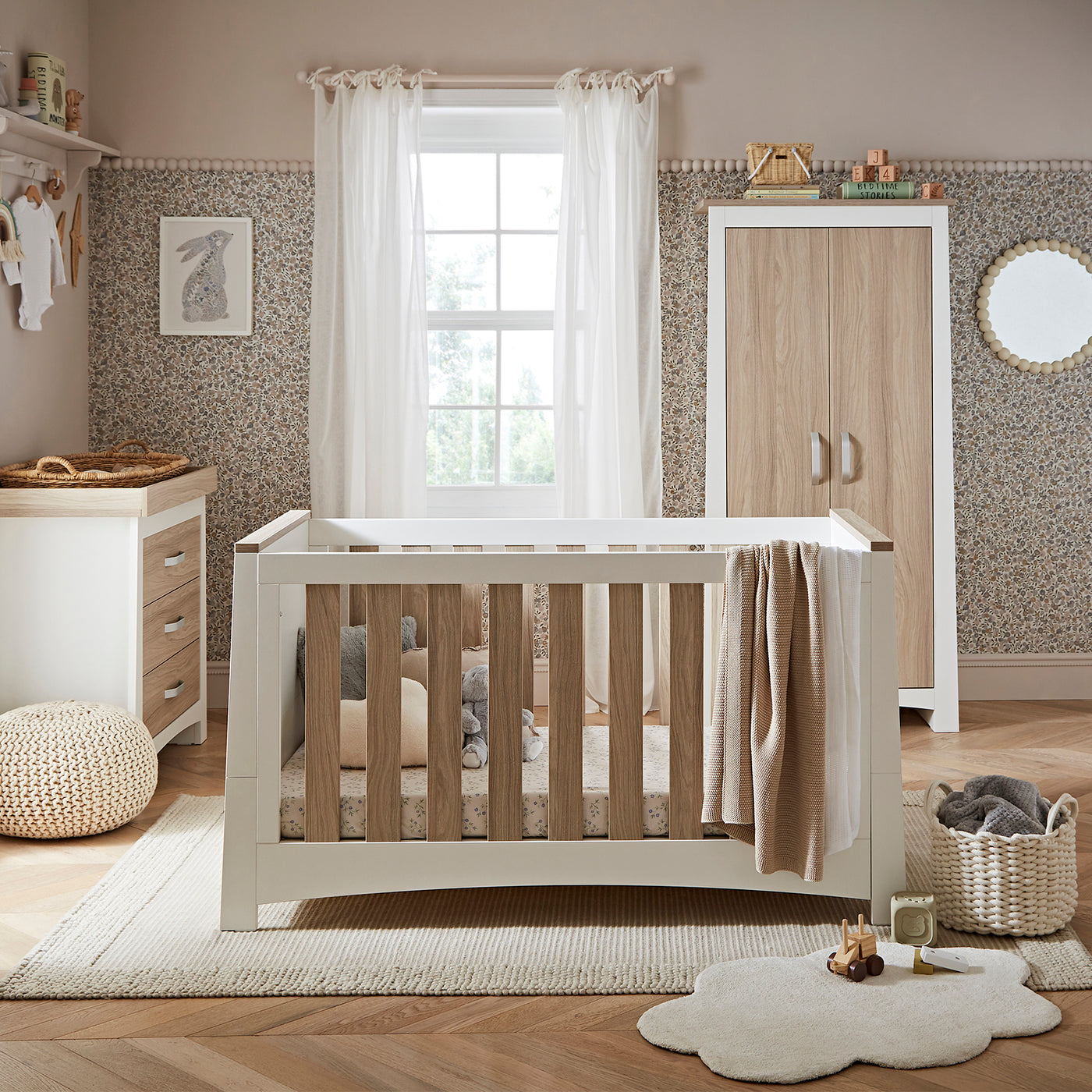 CuddleCo 3pc Set 3 Drawer Dresser, Cot Bed & Wardrobe - White/Ash