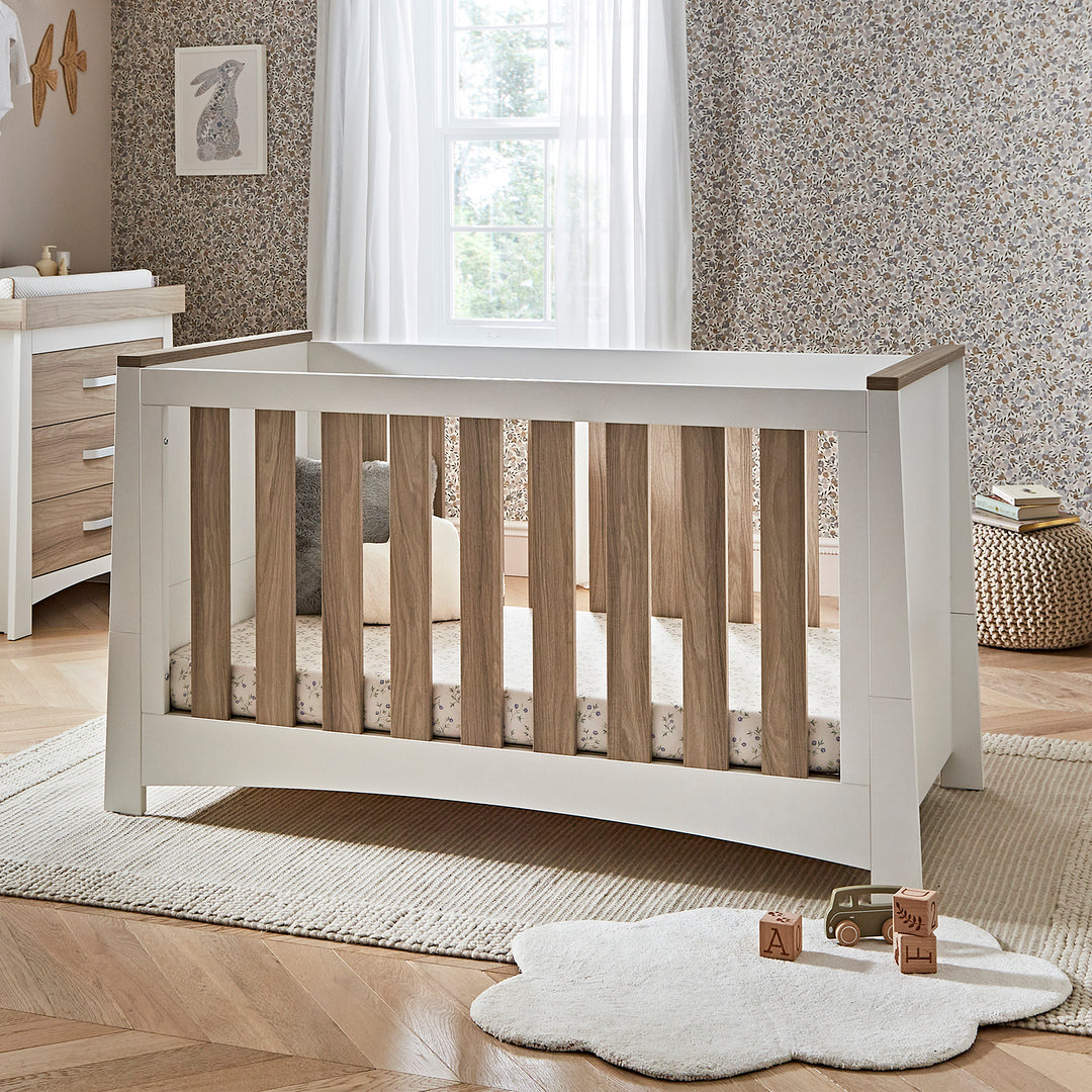 CuddleCo Ada 3pc Set 3 Drawer Dresser, Cot Bed & Wardrobe - White/Ash