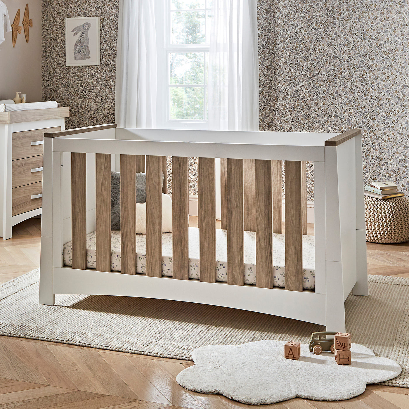 CuddleCo 3pc Set 3 Drawer Dresser, Cot Bed & Wardrobe - White/Ash