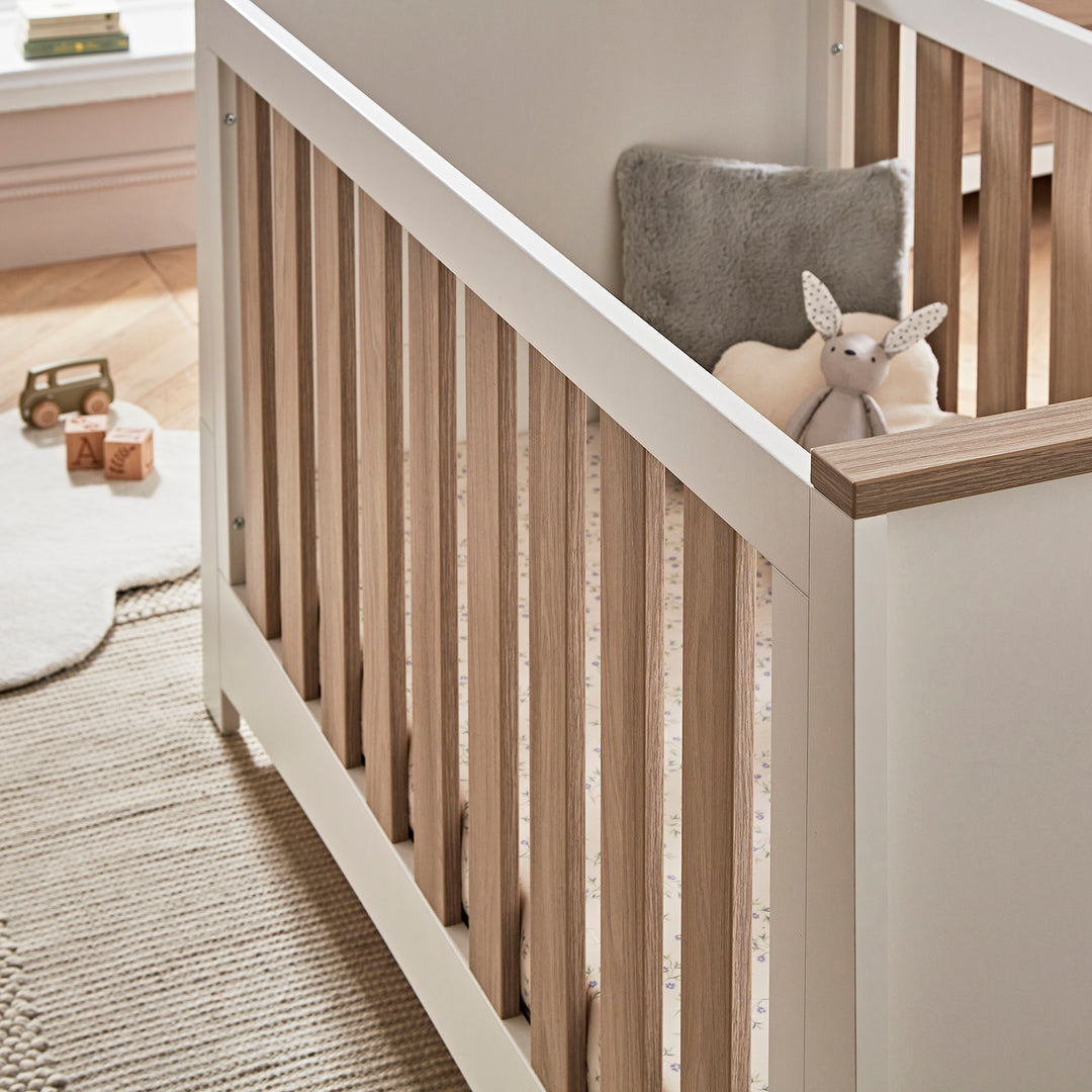 CuddleCo Ada 3pc Set 3 Drawer Dresser, Cot Bed & Wardrobe - White/Ash