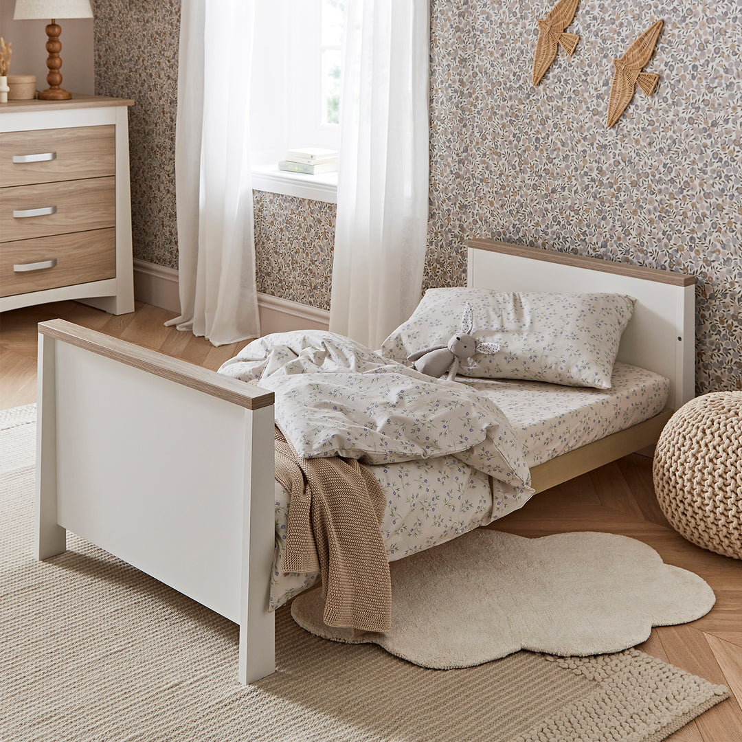 CuddleCo Ada 3pc Set 3 Drawer Dresser, Cot Bed & Wardrobe - White/Ash