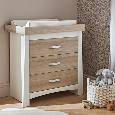 CuddleCo 3pc Set 3 Drawer Dresser, Cot Bed & Wardrobe - White/Ash