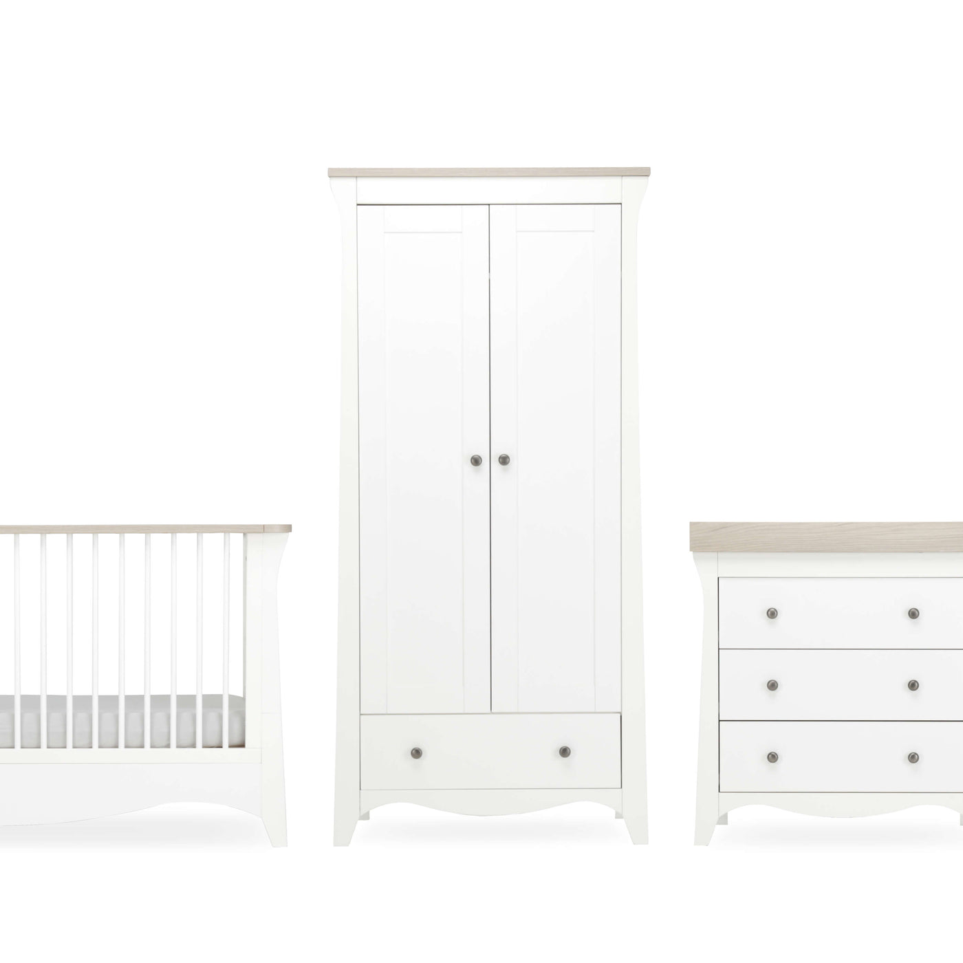 Clara 3pc Set 3 Drawer Dresser, Cot Bed & Wardrobe - White/Ash