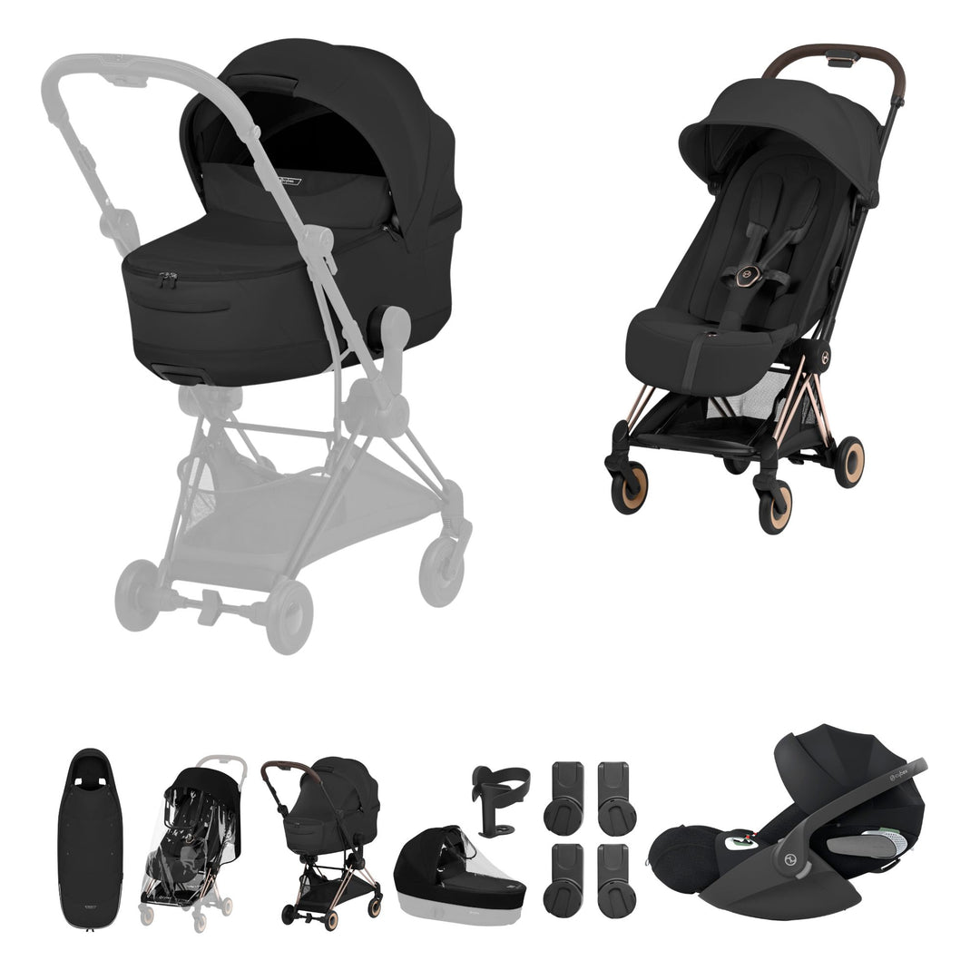 Cybex COYA Style Ultimate Accessory Bundle - Sepia Black & Rose Gold Frame