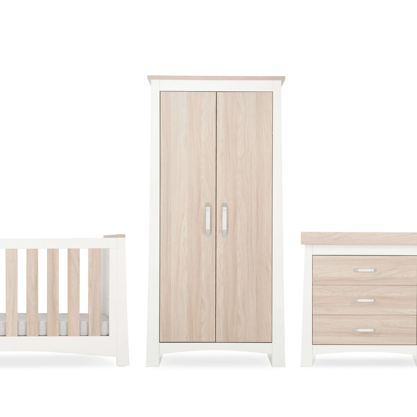 CuddleCo 3pc Set 3 Drawer Dresser, Cot Bed & Wardrobe - White/Ash