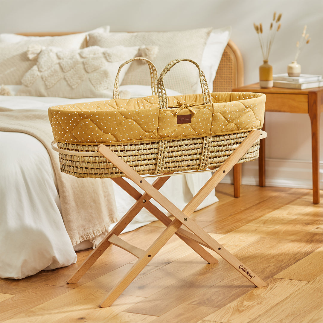 Little Green Sheep Quilted Moses Basket and Static Stand Bundle - Honey
