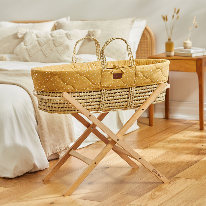 Little Green Sheep Quilted Moses Basket and Static Stand Bundle - Honey