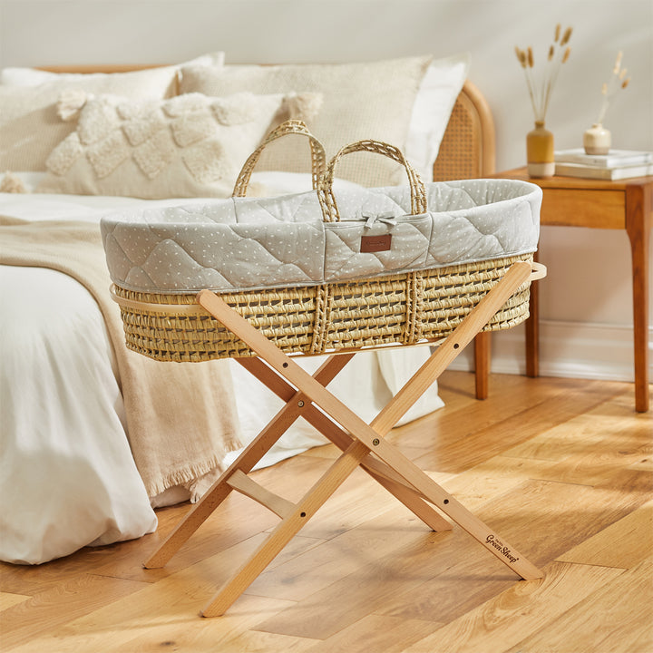 Little Green Sheep Quilted Moses Basket and Static Stand Bundle - Dove