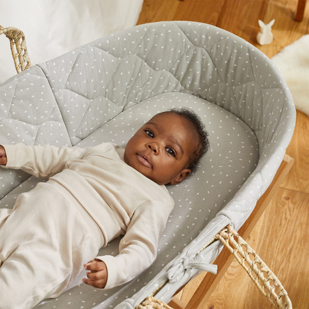 Little Green Sheep Quilted Moses Basket and Static Stand Bundle - Dove