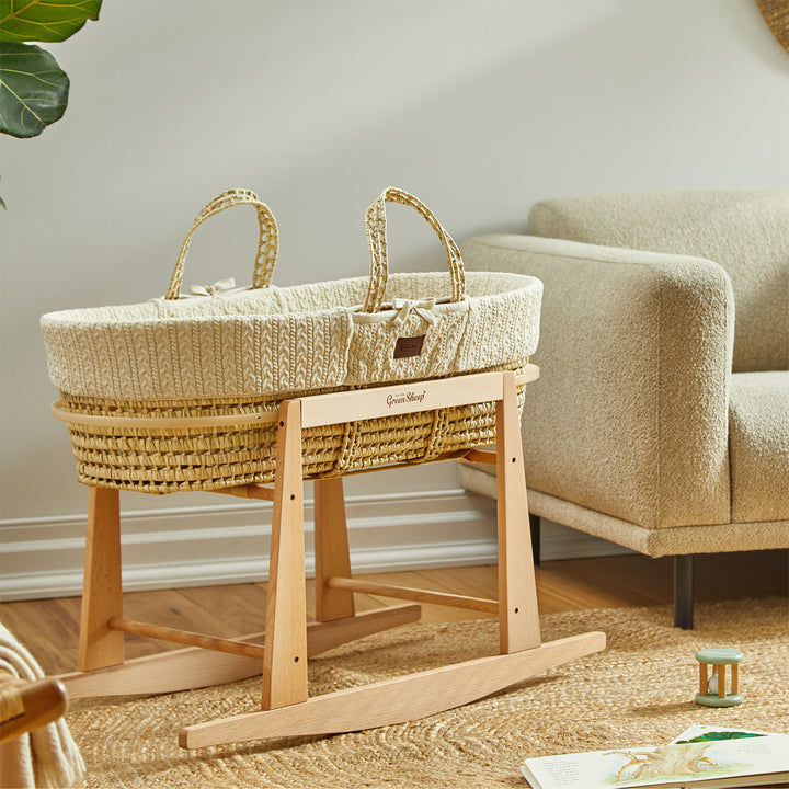 Little Green Sheep Knitted Moses Basket and Rocking Stand Bundle - Linen