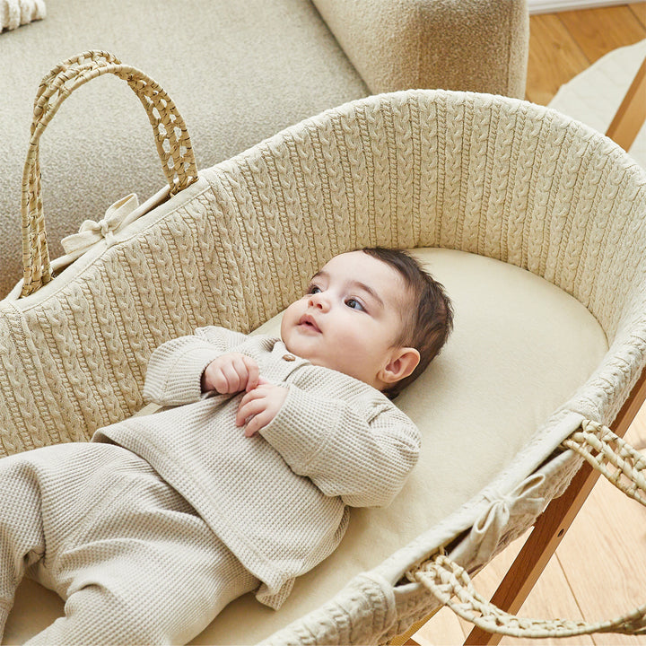 Little Green Sheep Knitted Moses Basket and Rocking Stand Bundle - Linen