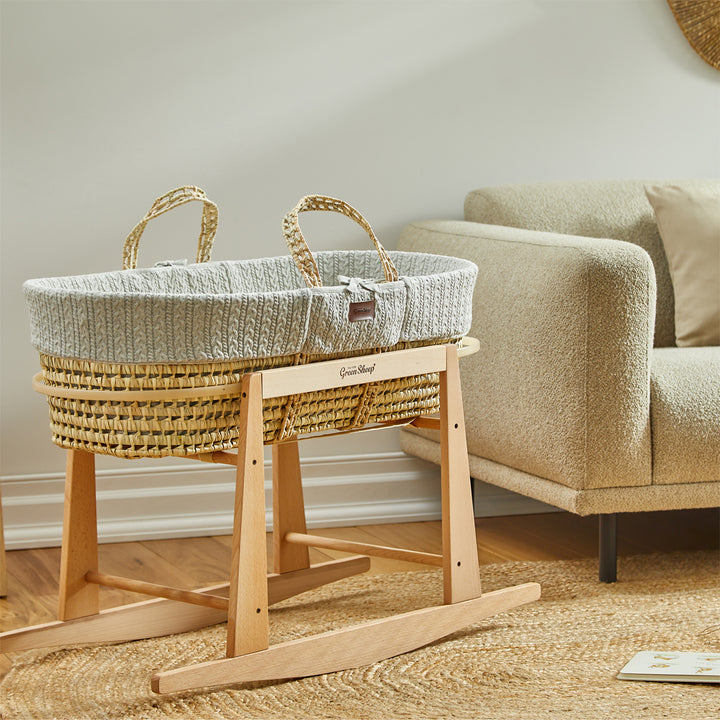 Little Green Sheep Knitted Moses Basket and Rocking Stand Bundle - Dove