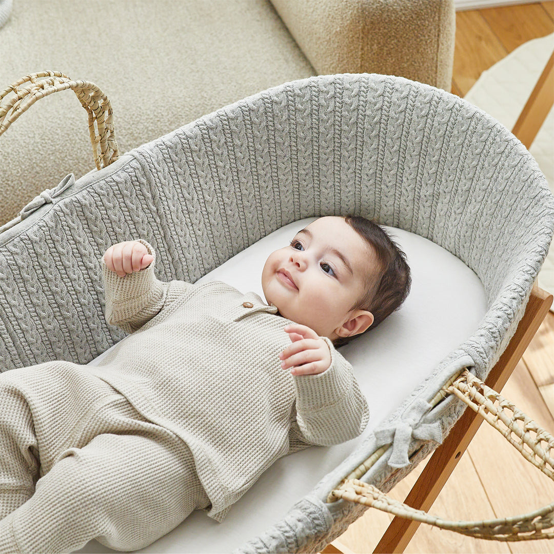 Little Green Sheep Knitted Moses Basket and Rocking Stand Bundle - Dove