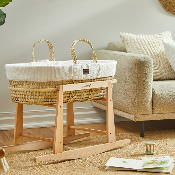 Little Green Sheep Knitted Moses Basket and Rocking Stand Bundle - White