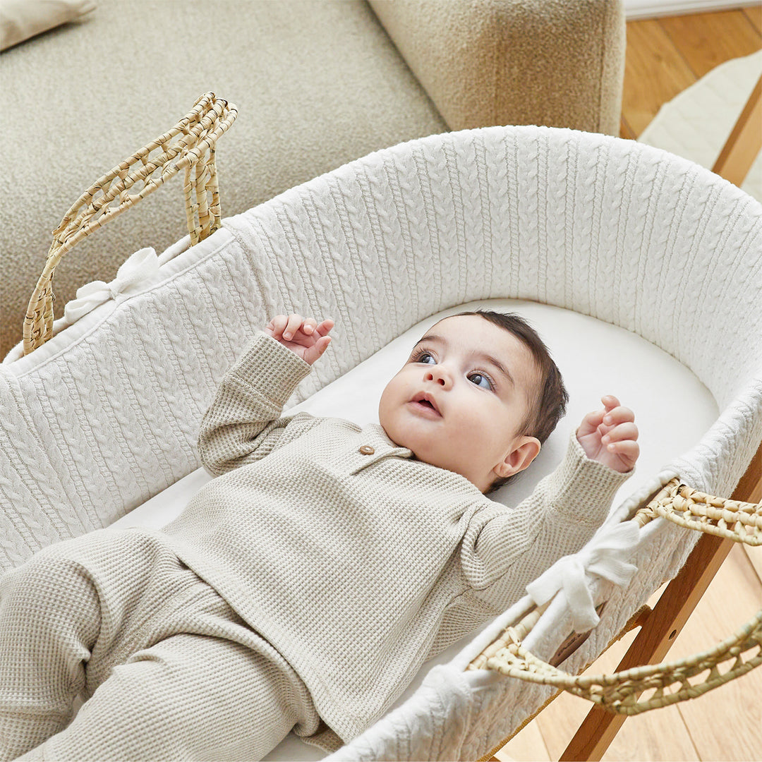 Little Green Sheep Knitted Moses Basket and Rocking Stand Bundle - White