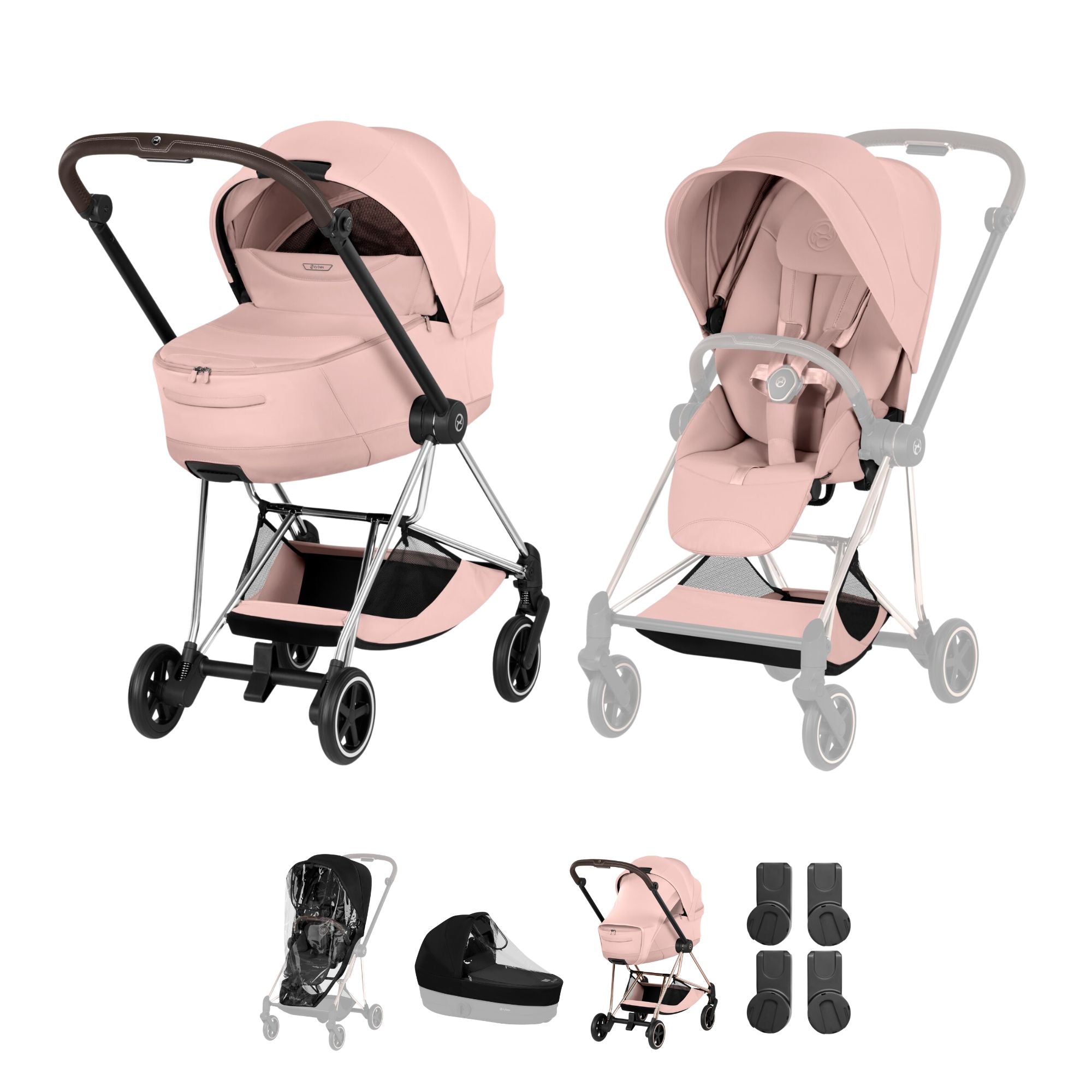 Cybex Mios Style Pushchair & Fold Cot Bundle - Peach Pink & Chrome Bro ...